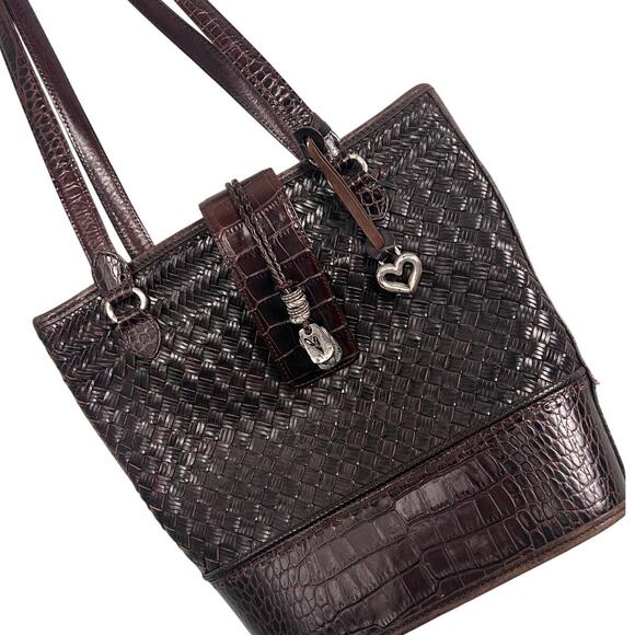 VTG Brighton Becka Brown Leather Woven Croc‎ Tote Shoulder Bag Purse Y2K Preppy - Picture 1 of 12